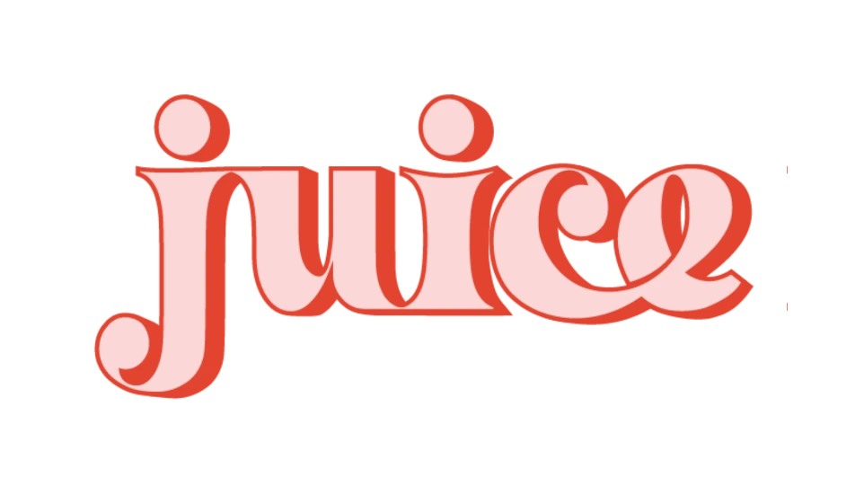 Juice wordmark in a bold, stylized serif typeface with flowing curves and layered coral and blush tones, reflecting a playful, expressive brand style.