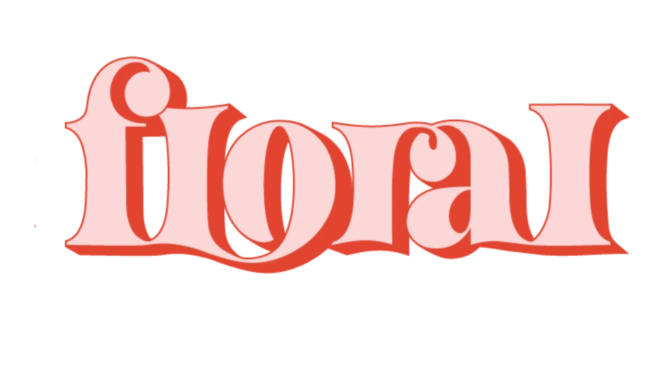 Floral wordmark in a bold, stylized serif typeface with flowing curves and layered coral and blush tones, reflecting a playful, expressive brand style.