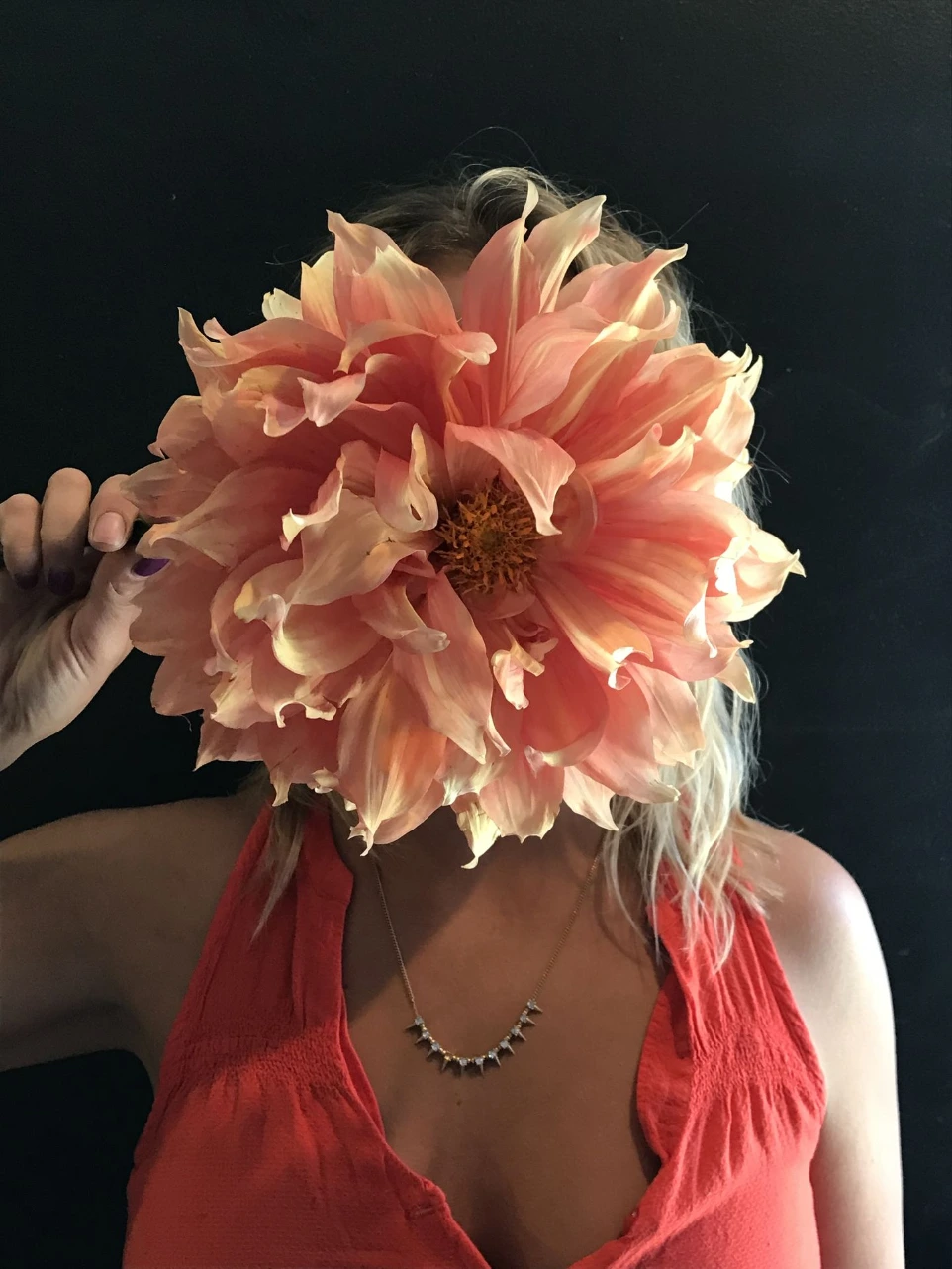 Person holding a large, ruffled coral dahlia in front of their face, highlighting dramatic scale, soft petal texture, and warm, glowing color against a dark background.