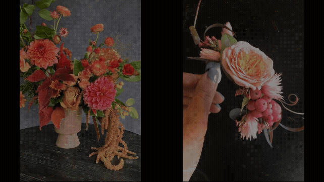 Luxury floral design showcase featuring a vibrant floral centerpiece and coordinating boutonniere with garden roses, dahlias, berries, and artistic botanical textures.