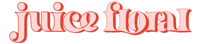 Juice Floral wordmark in a bold, stylized serif typeface with flowing curves and layered coral and blush tones, reflecting a playful, expressive brand style.